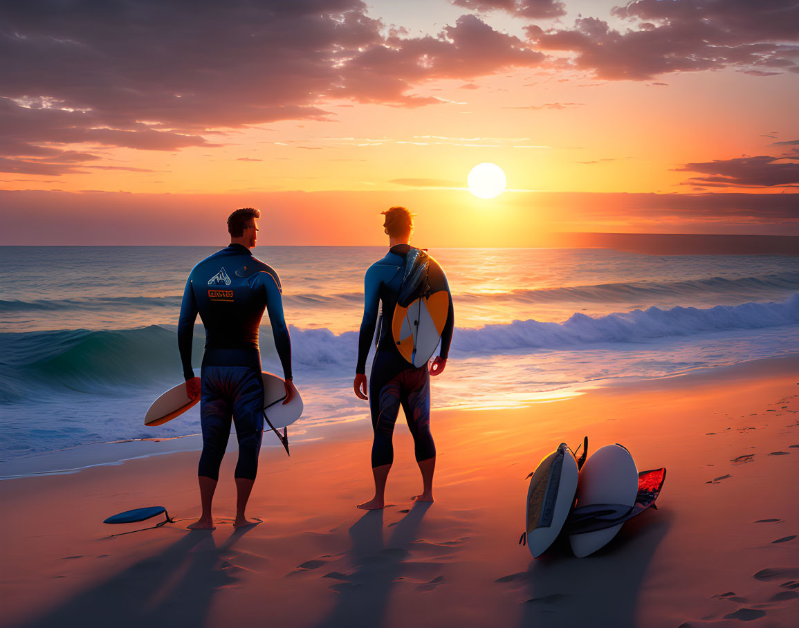 Surfers with surfboards on beach at sunset