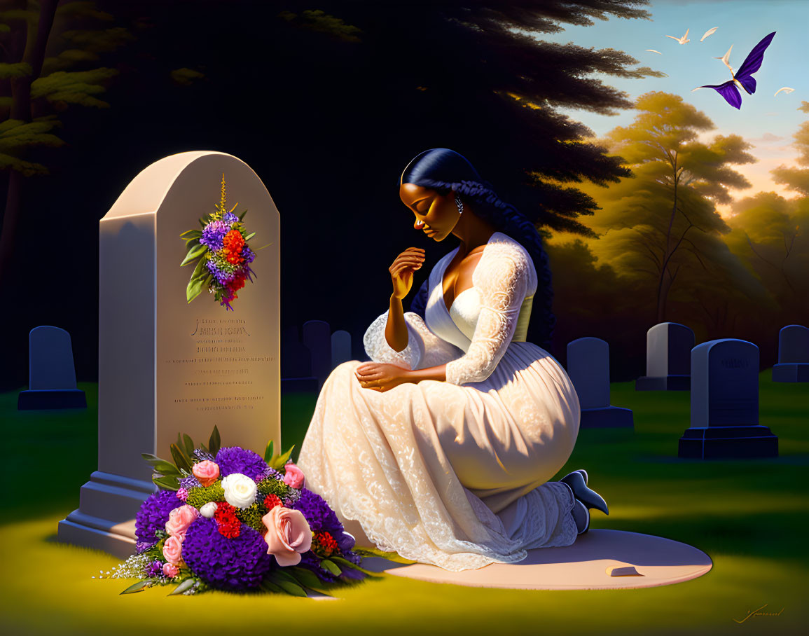 Woman in white dress kneeling at flower-adorned grave in serene cemetery at sunset