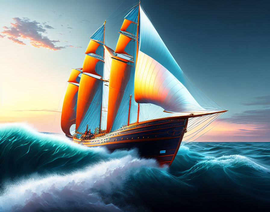 Majestic ship with crimson sails on turbulent blue waves at sunset