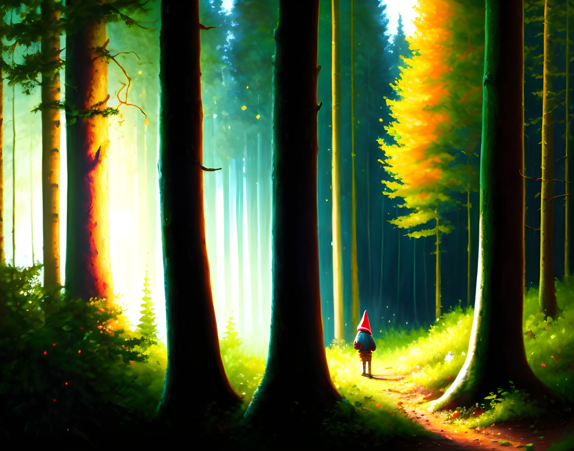 Colorful artwork of person in red hood in magical forest