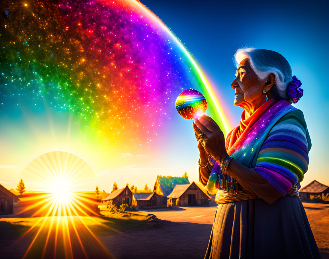 Elderly woman with multicolored shawl and crystal ball in rural sunset scene