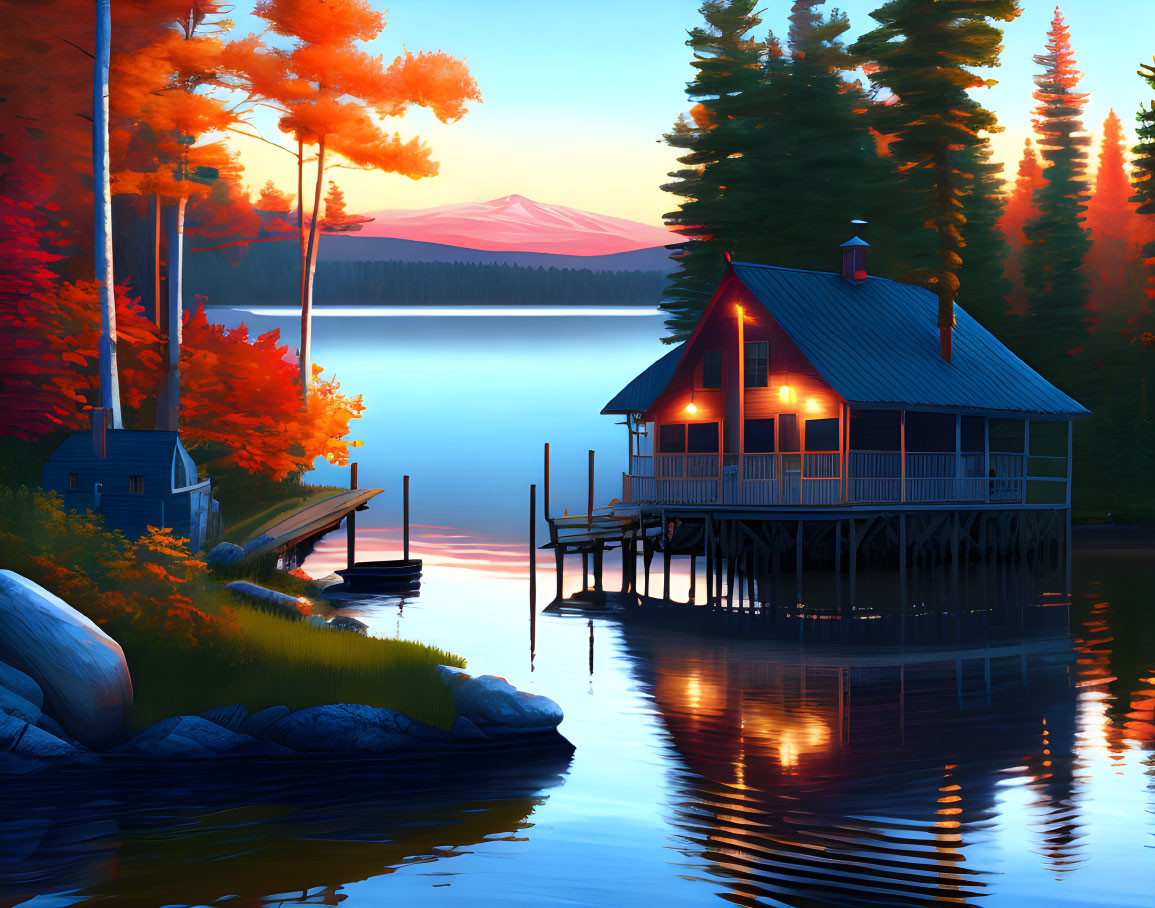 Tranquil sunset lake scene with cozy cabin and autumn trees