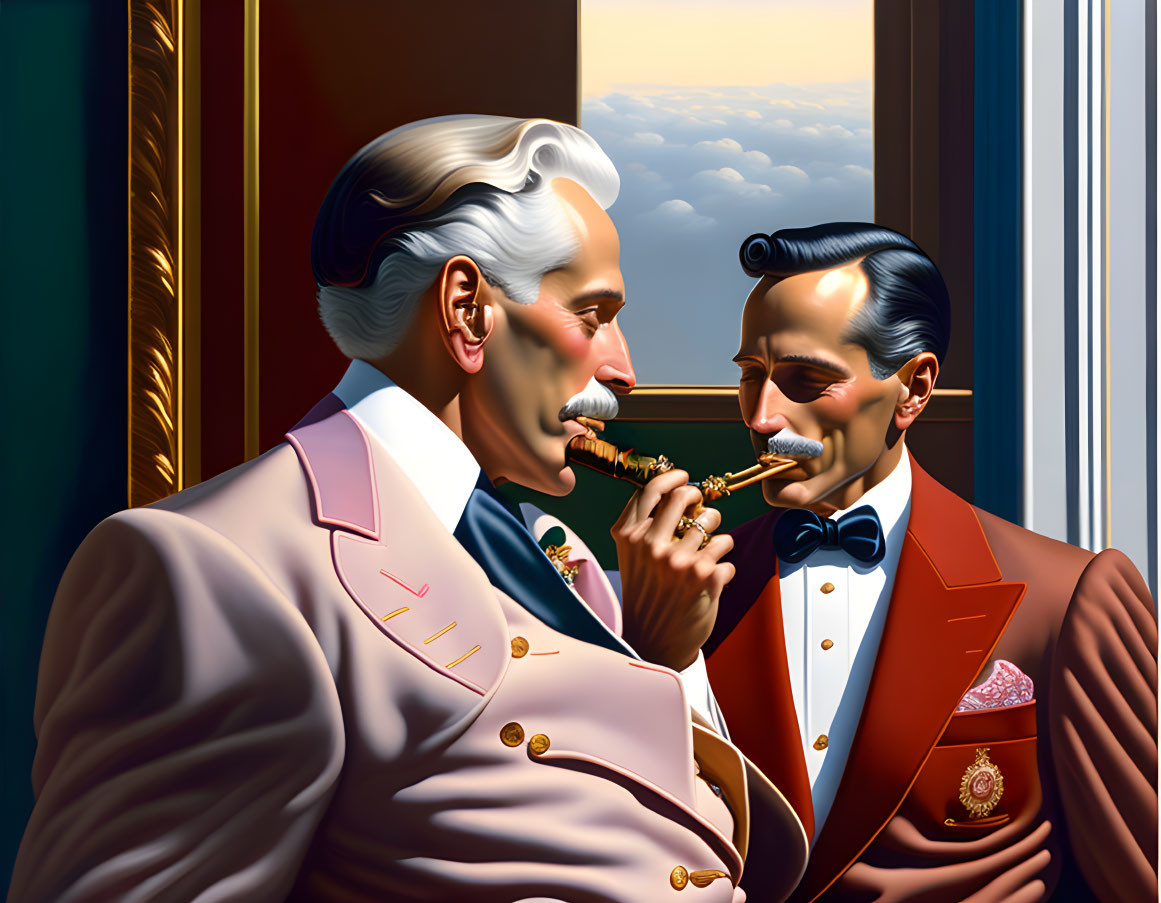 Two men in stylish attire smoking cigars by a window with clouds visible outside.