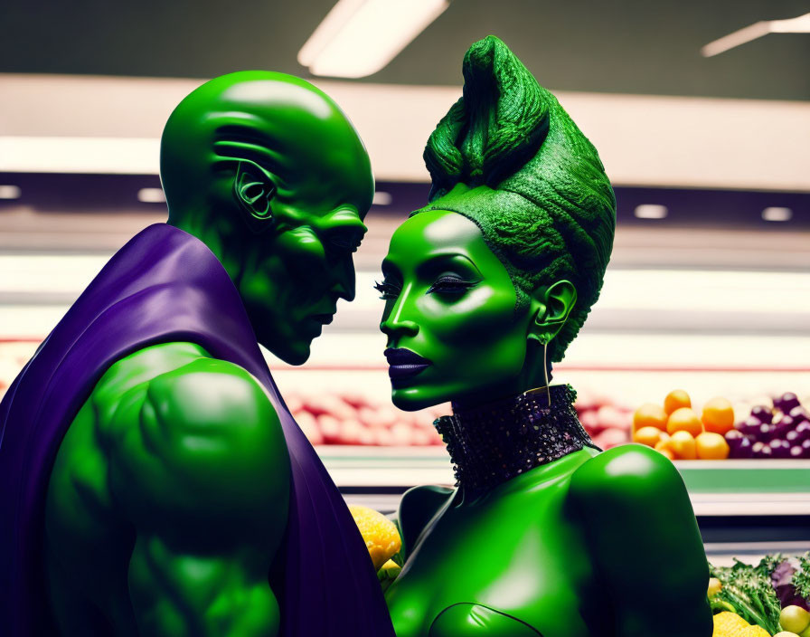 Muscular green-skinned figures with unique hairstyles against colorful backdrop