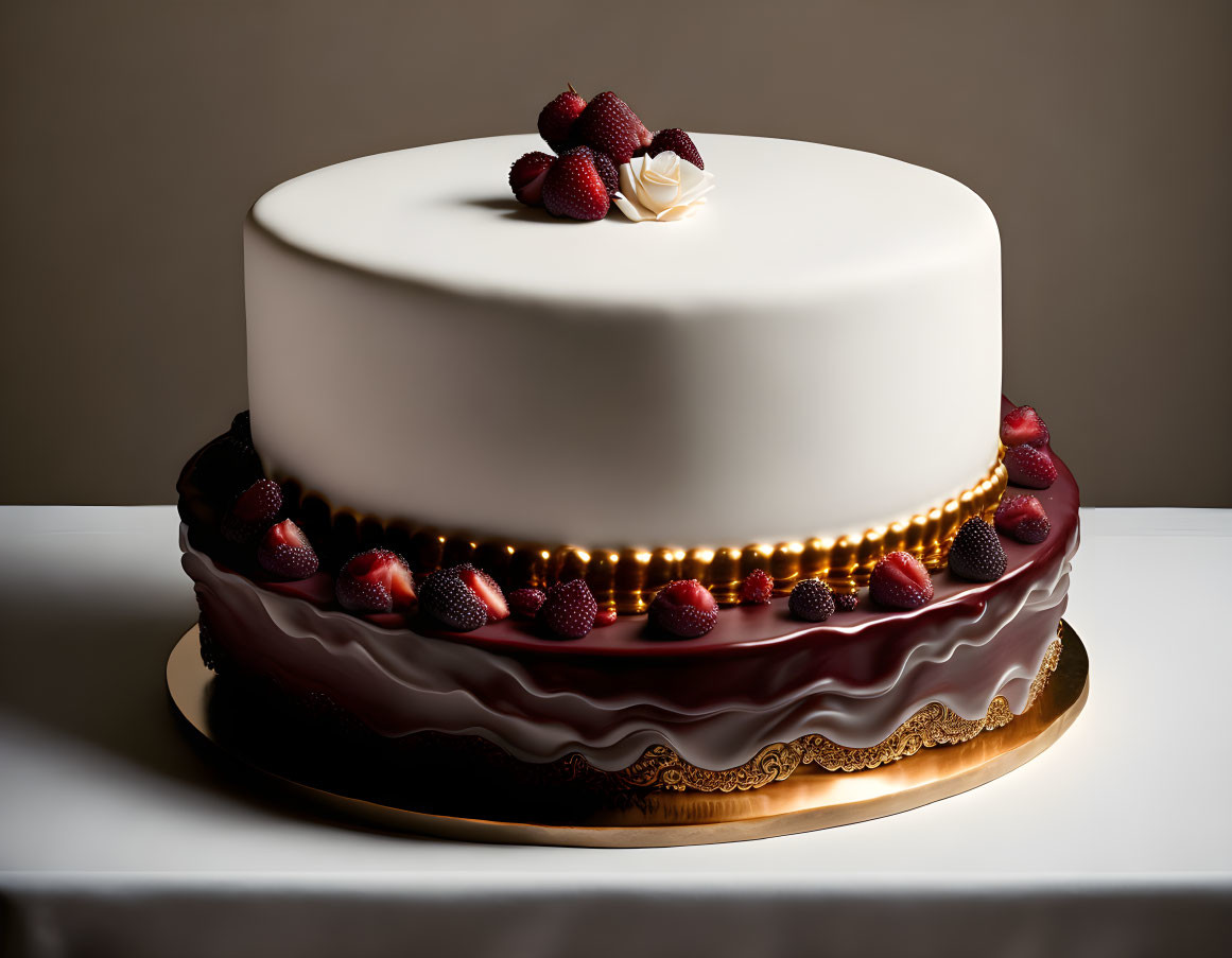 Two-tiered cake with white fondant, chocolate glaze, gold beads, and strawberries