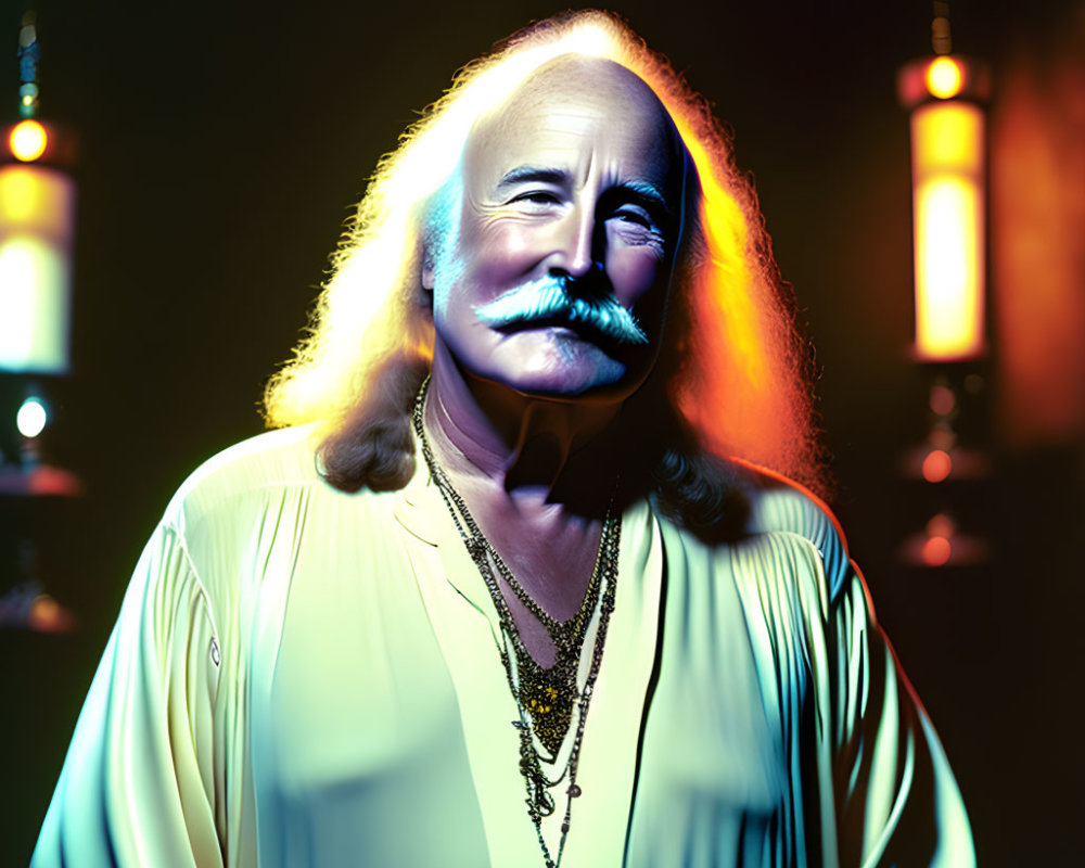 Smiling man with mustache and long hair in warm vintage lighting