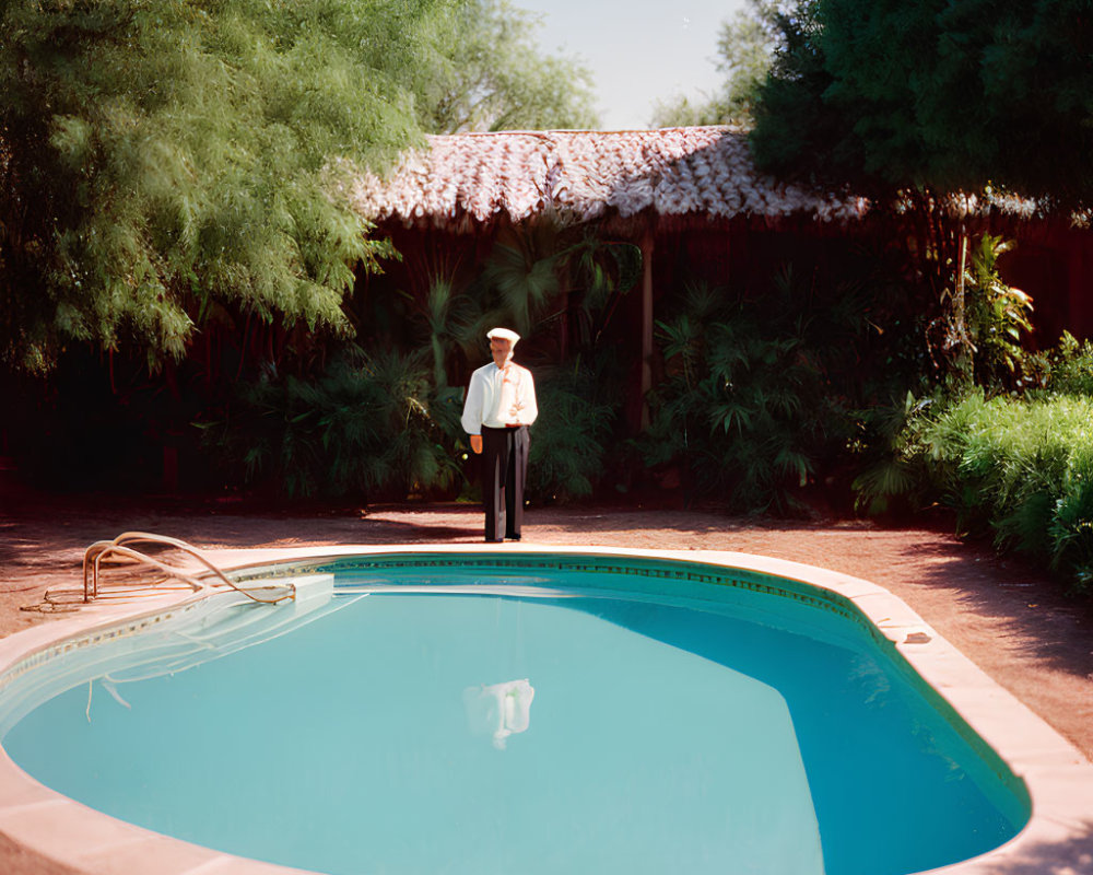 Person in White Suit by Outdoor Swimming Pool with Lush Greenery