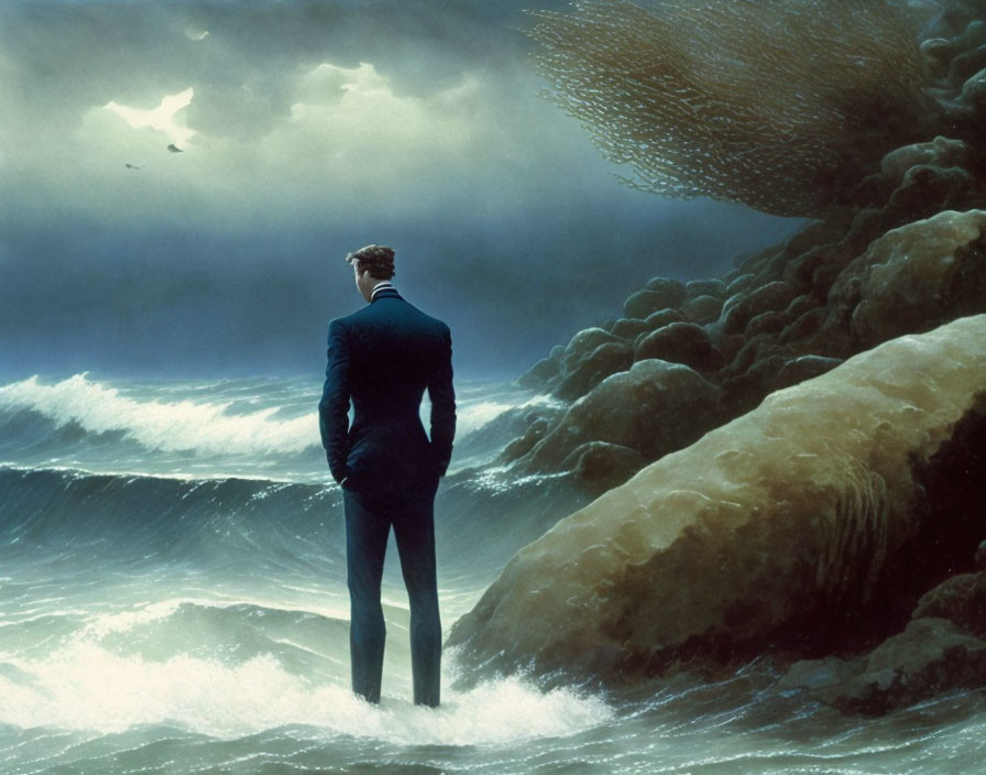 Man in suit faces turbulent ocean waves and dramatic sky with birds and surreal cloud formation