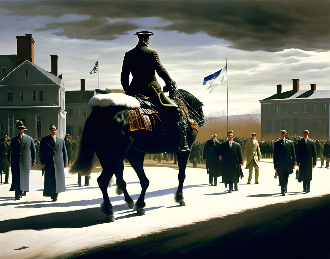 Uniformed Figure on Horseback Leads Men Past Stately Buildings