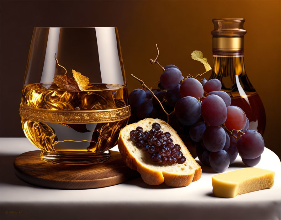 Whiskey, grapes, bread, cheese, and bottle on wooden surface