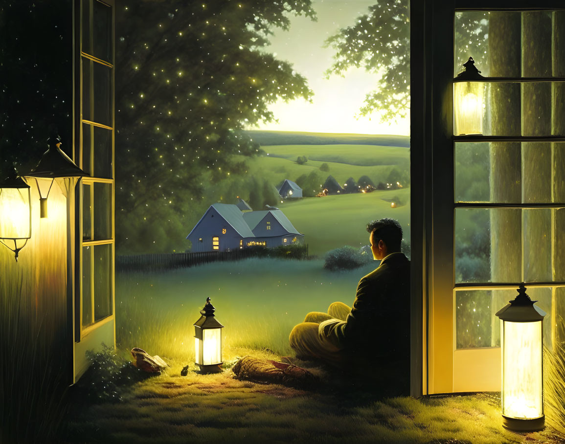 Person gazes out open window at night with tranquil countryside view and glowing lanterns