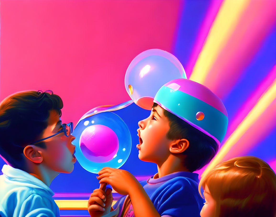 Children amazed by large translucent bubble in colorful setting