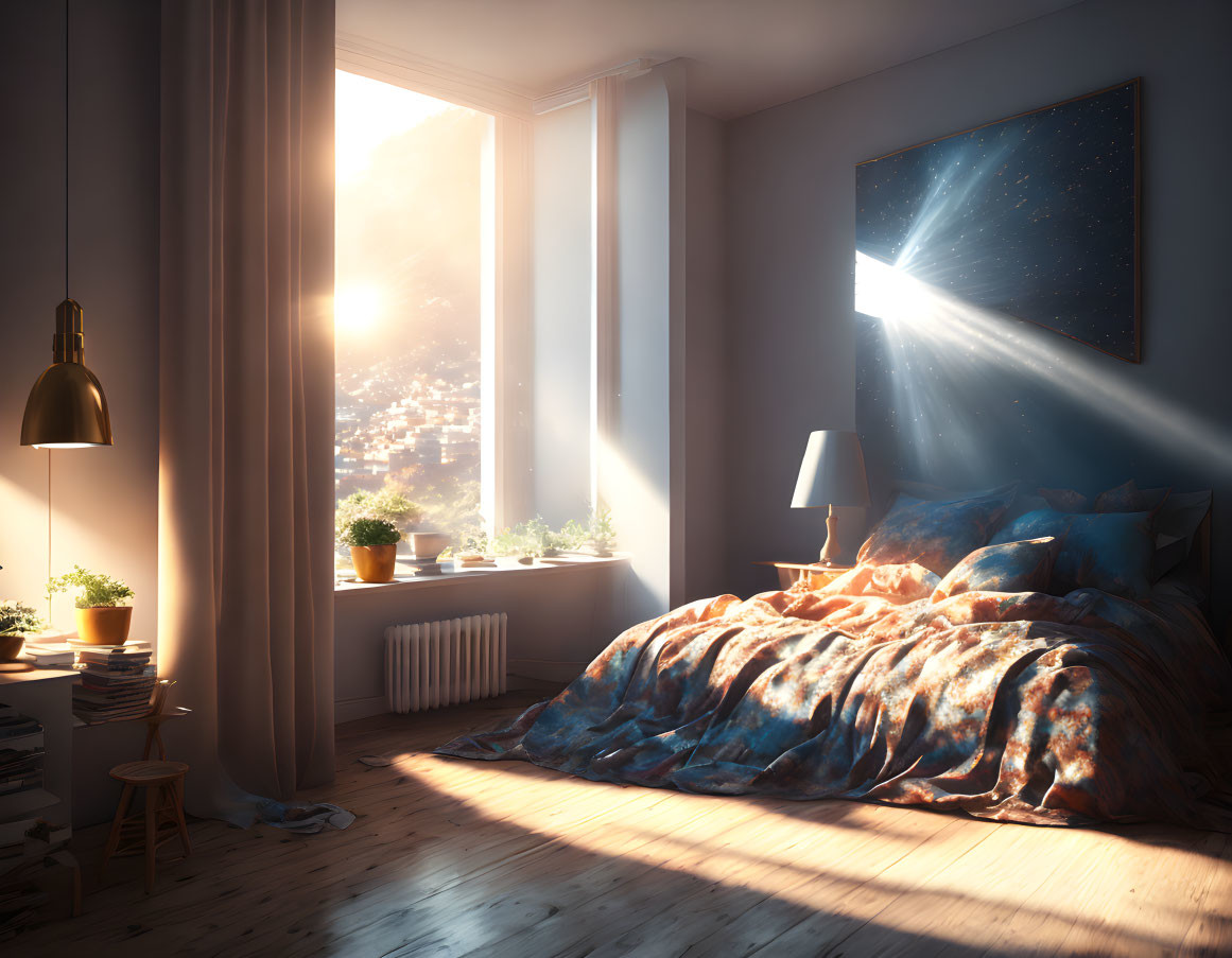 Warm Sunlit Bedroom with City View at Twilight