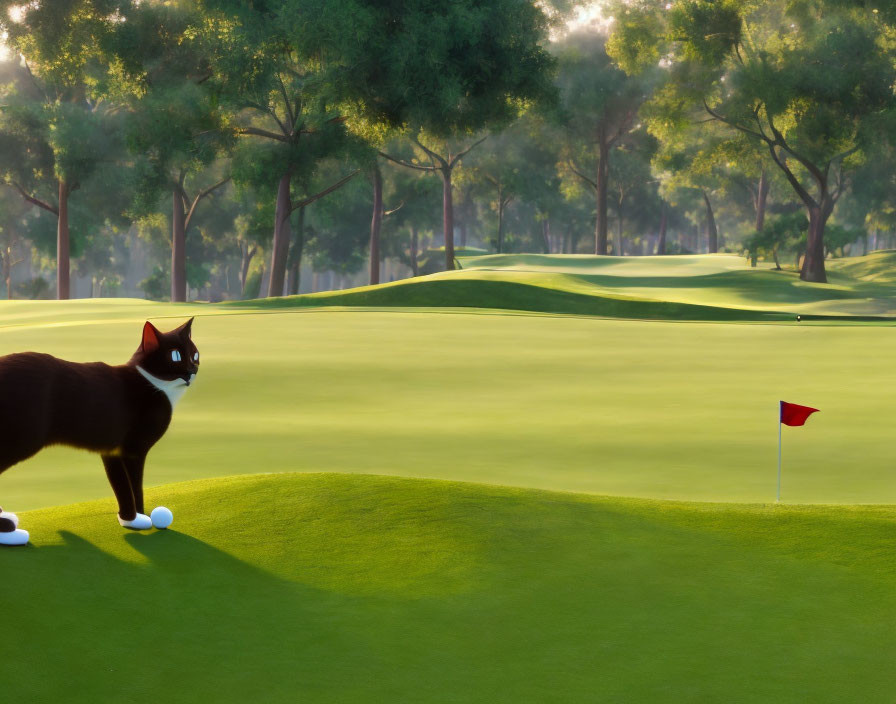 Black and white cat on edge of lush green golf course with trees under hazy sunlight