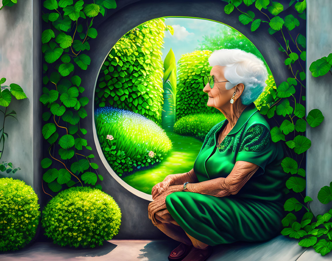 Elderly woman with white hair looking out circular window at lush garden