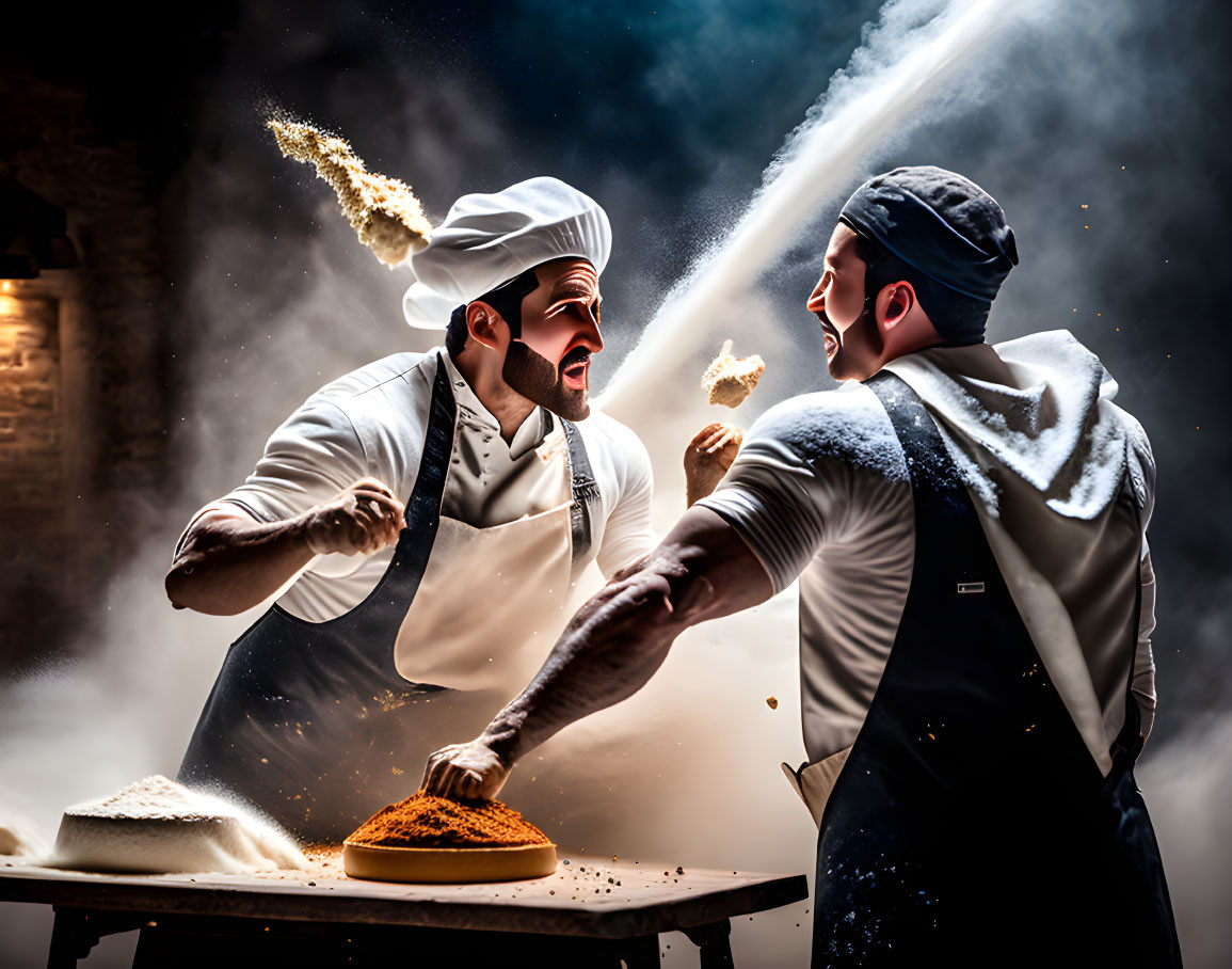 Chefs in flour fight with cake in dynamic kitchen