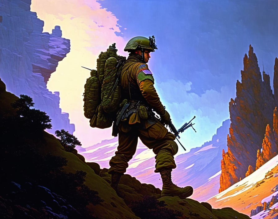 Futuristic soldier in helmet with rifle on alien landscape