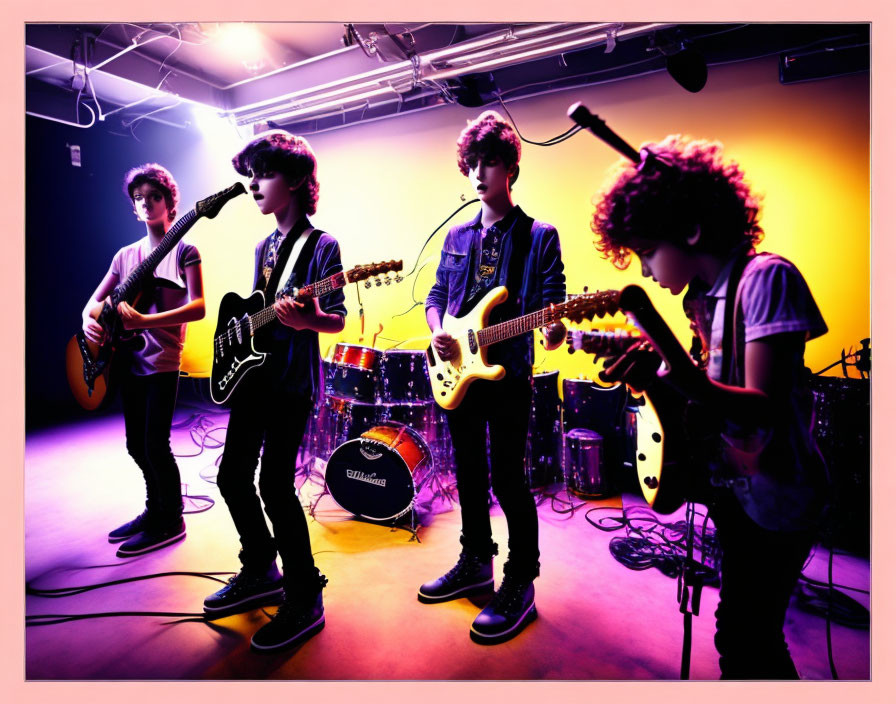 Four young musicians playing guitars and drums on stage with purple and yellow lighting