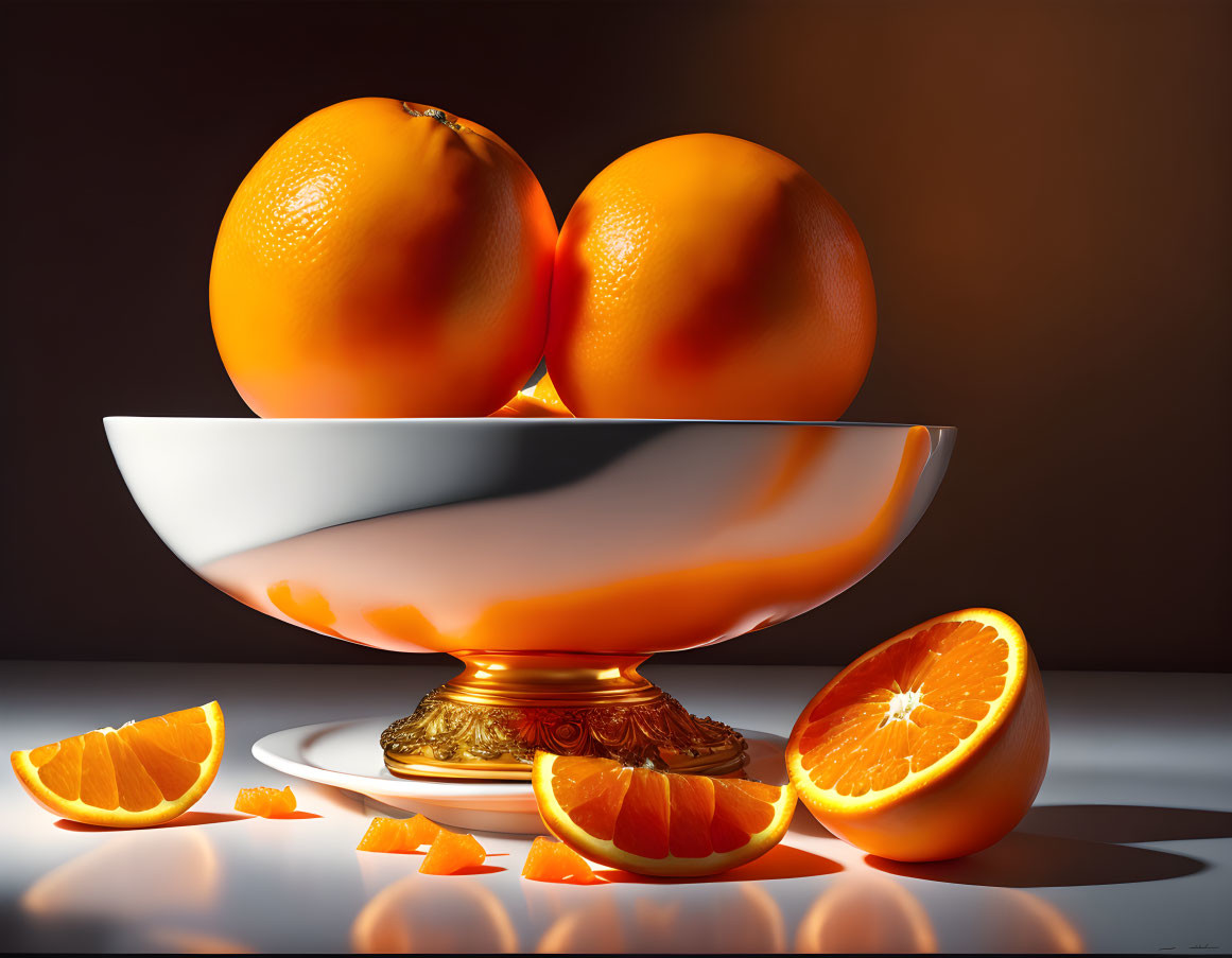 Fresh oranges in white bowl with golden base and slices on reflective surface.