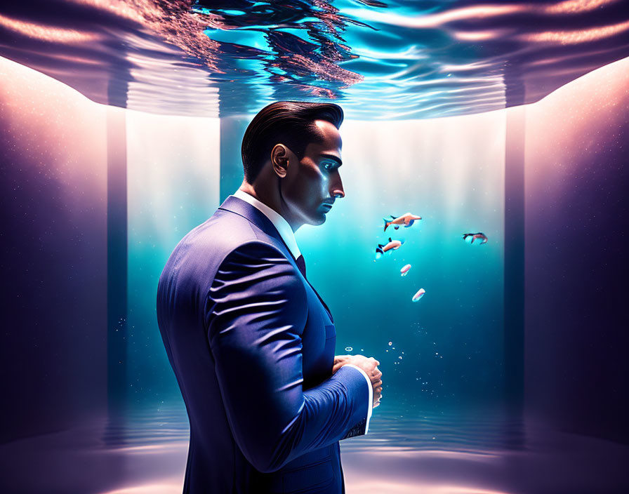 Underwater man in suit surrounded by fish and light rays