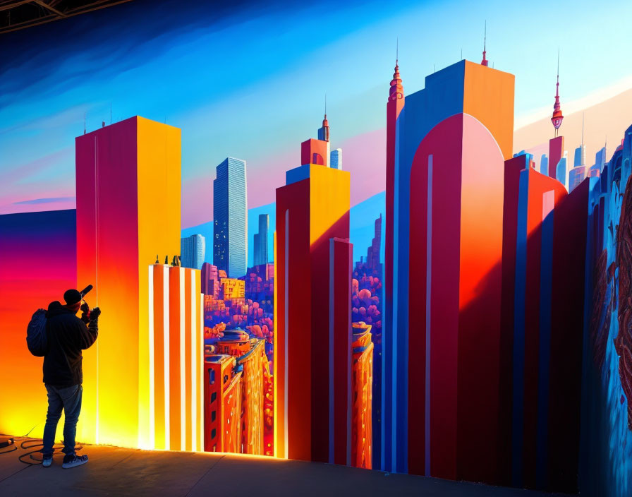 Colorful cityscape mural transitions from day to night