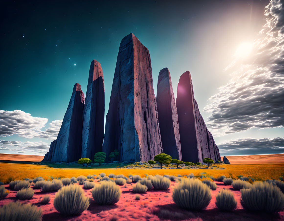 Dramatic desert landscape with spire-like rock formations