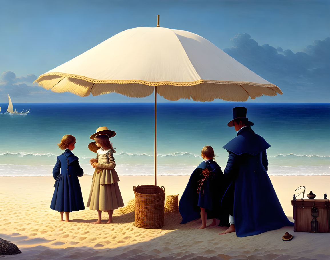 Vintage Family Painting Under Beach Umbrella with Ocean and Sailboat