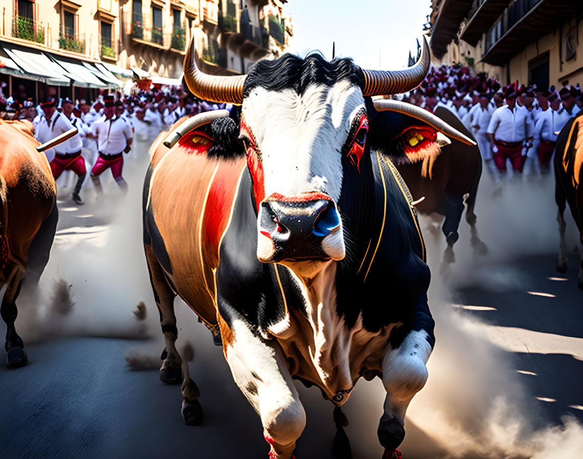 Traditional event: Bull leading people in white attire and red scarves