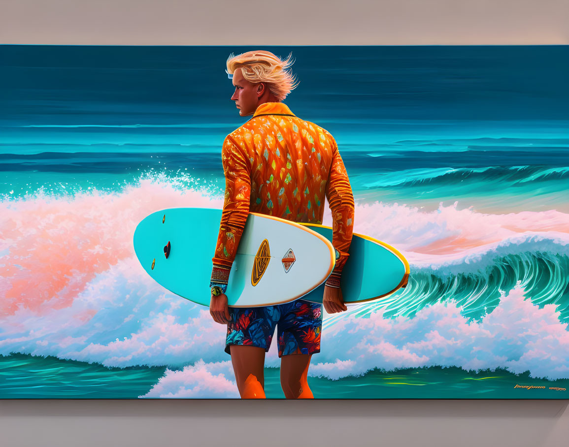 Colorful surfer illustration with waves and beach attire