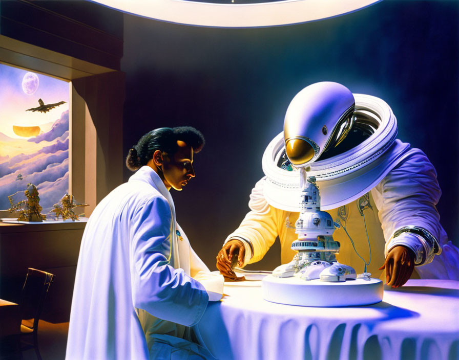 Scientist in lab coat examines futuristic robot model at twilight