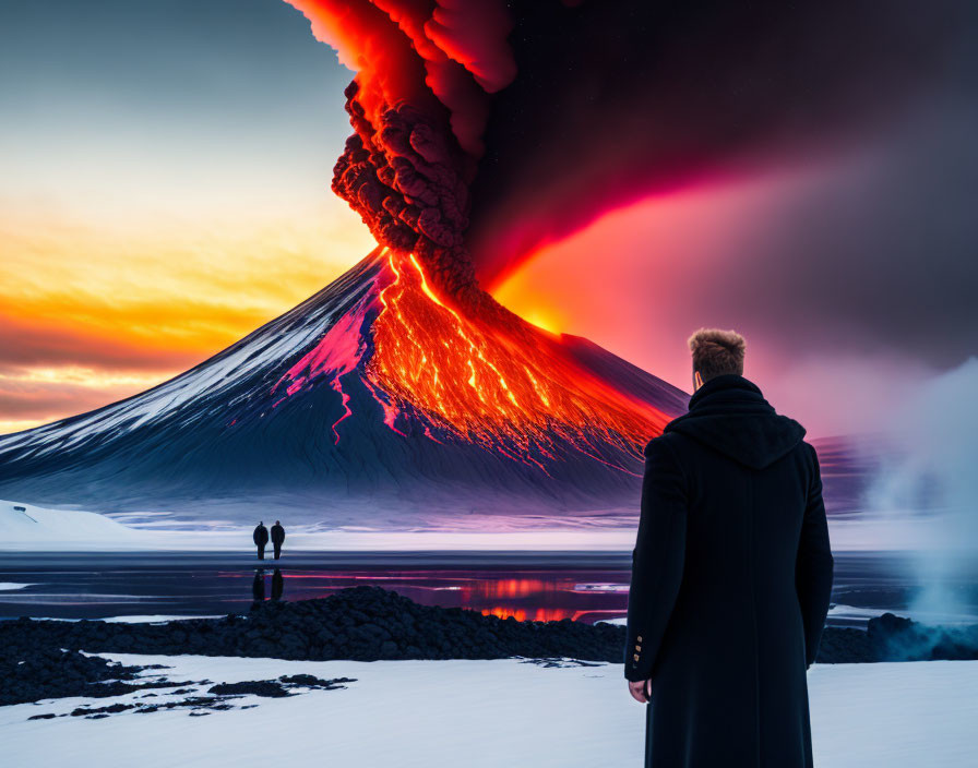 Person in black coat gazes at figures near volcanic eruption at twilight