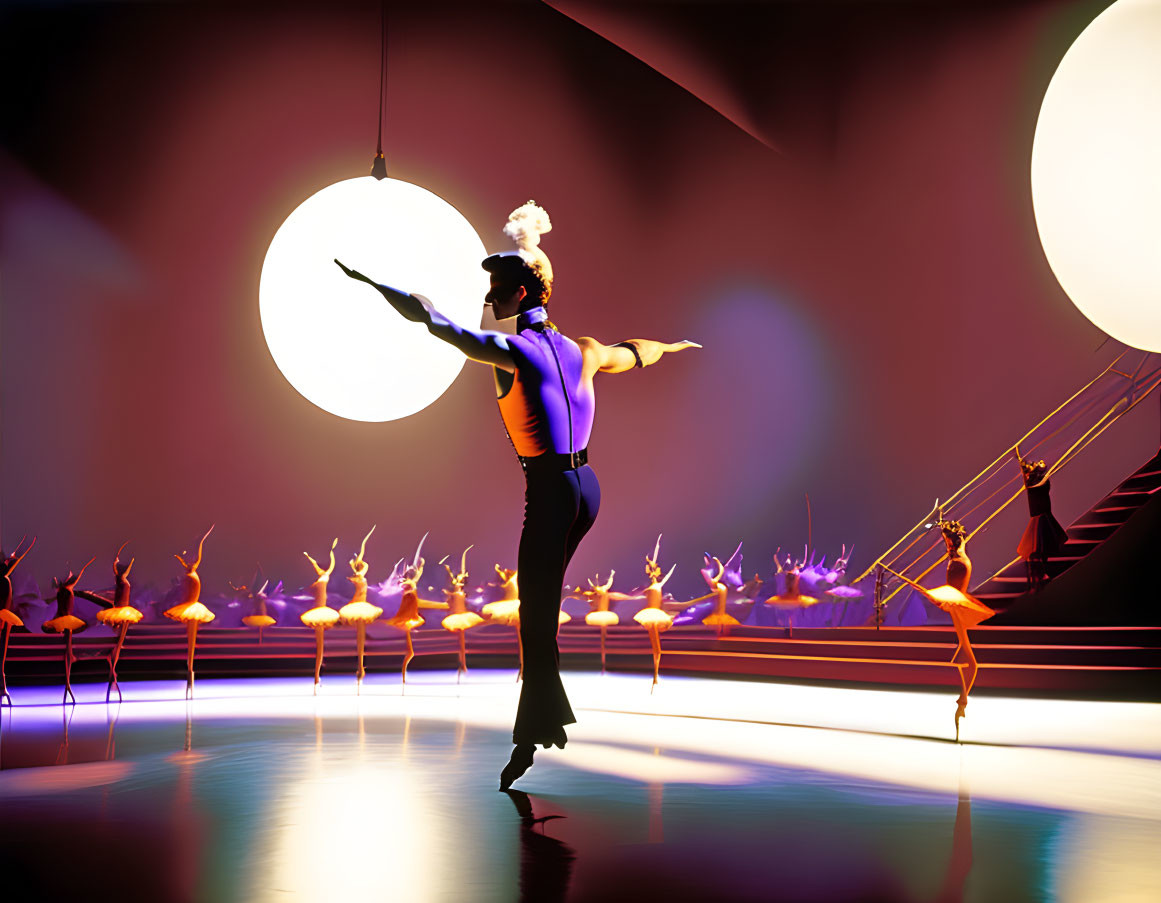 Male and Female Ballet Dancers on Stage with Dim-Lit Ballerinas and Orb Light