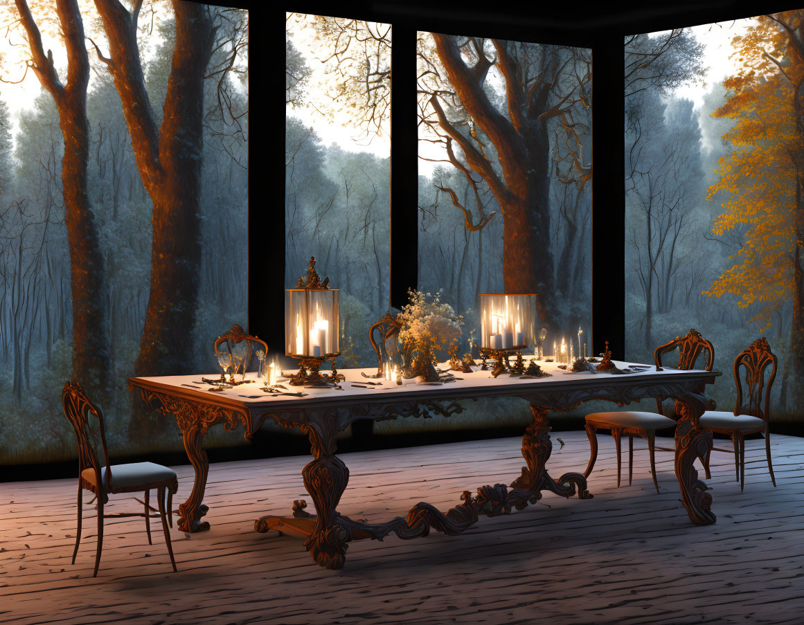 Ornate chairs and candelabras in twilight forest dining setup