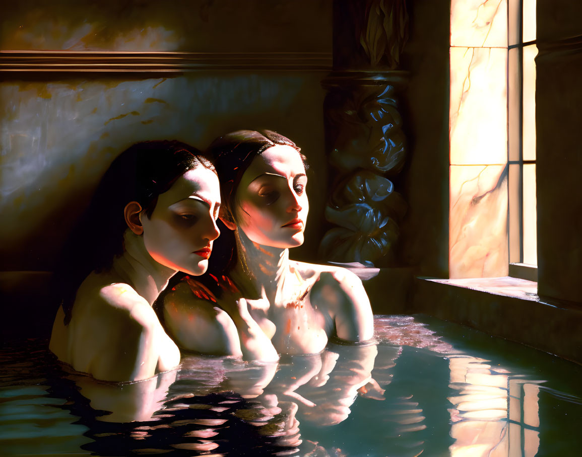 Two women in water with sunlight indoors.