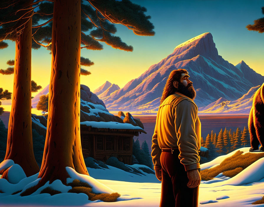 Bearded man in snow-covered landscape at sunset with mountains, cabin, and bear.