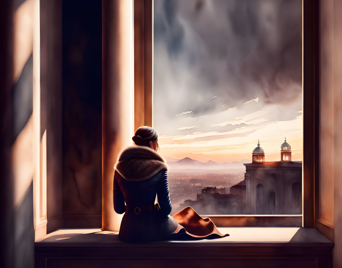 Person sitting on windowsill watching sunset over ancient city with domed buildings and birds.