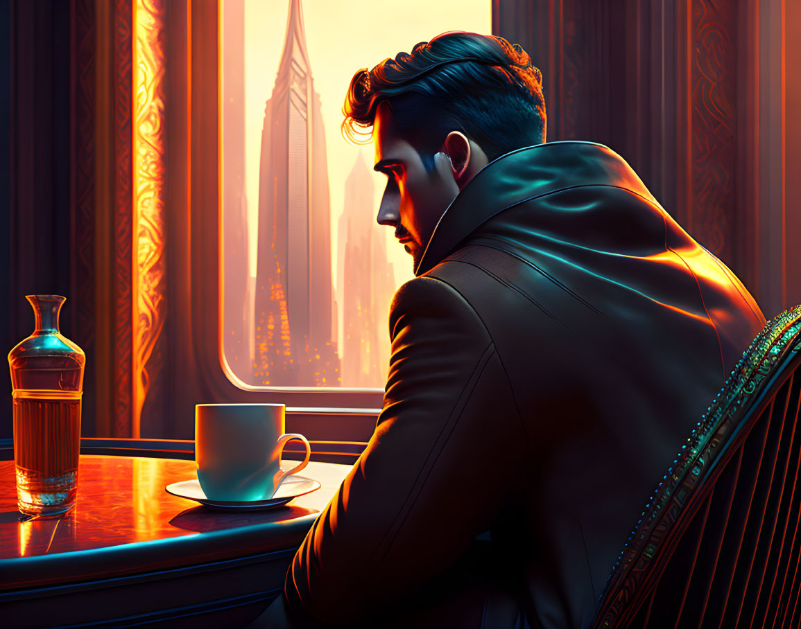 Businessman contemplating cityscape with coffee at sunset