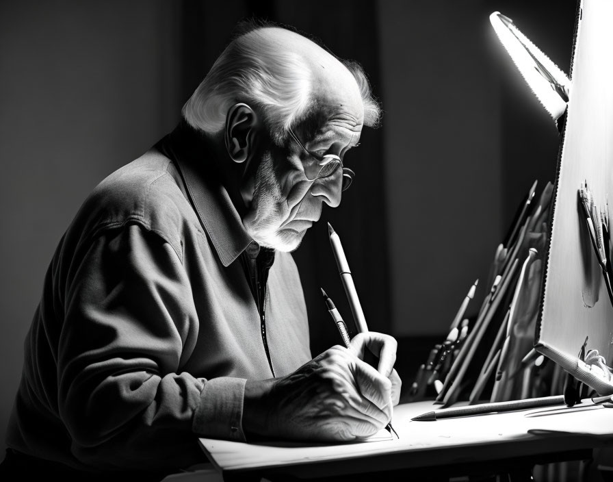 Elderly person drawing at well-lit desk with art supplies