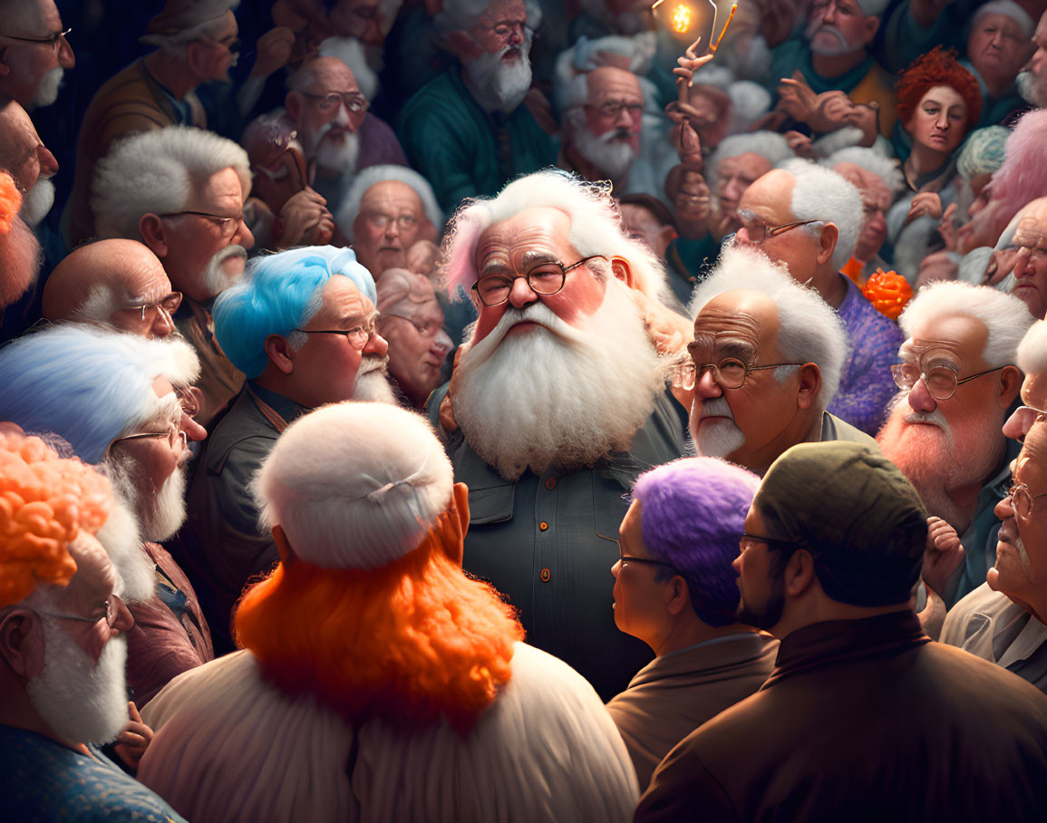 Elderly man with white beard among colorful characters