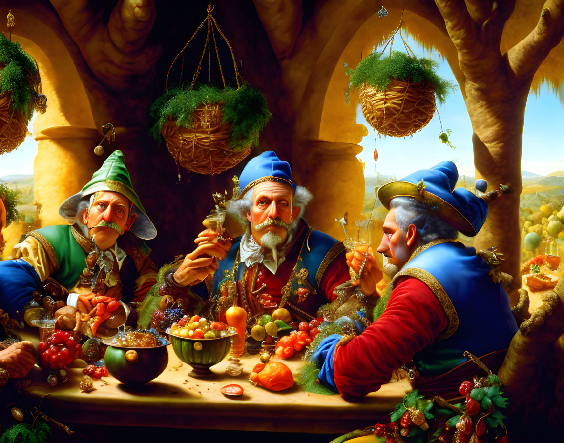 Whimsical Renaissance characters dining in fantastical landscape