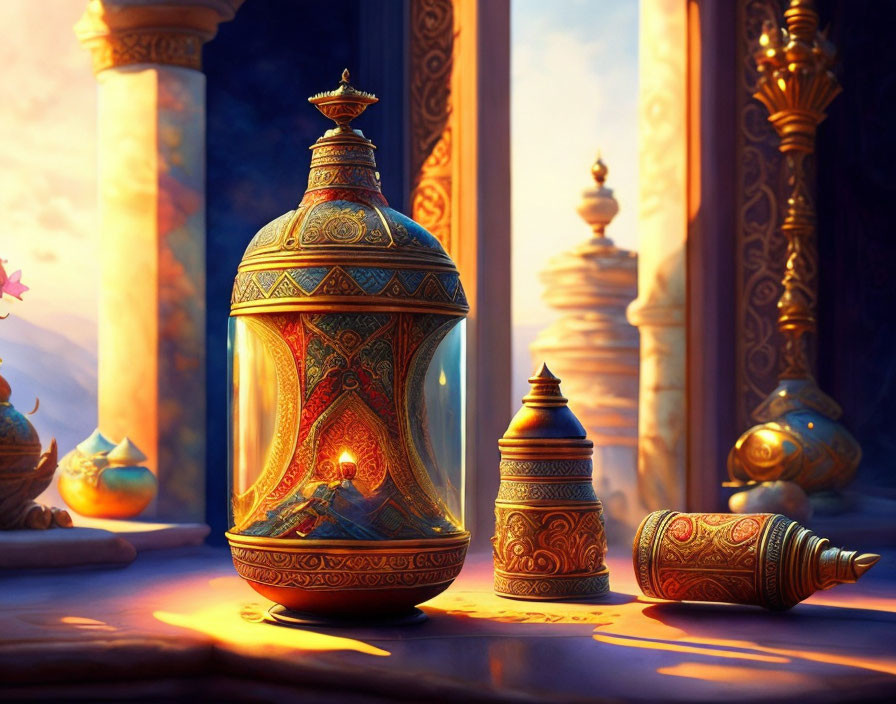 Golden ornate lamp on table near window with sunset view of domed buildings