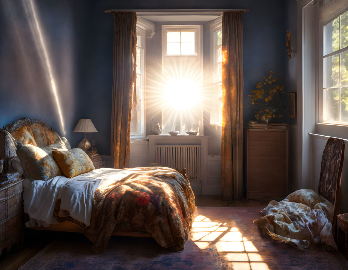 Sunlit Cozy Bedroom with Unmade Bed and Rustic Furniture