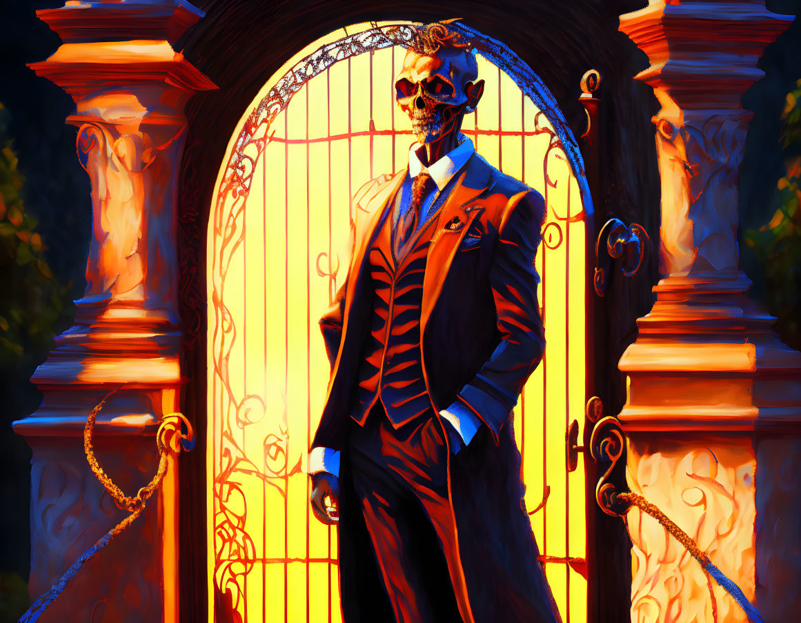 Skeleton in Suit Stands at Glowing Gate at Twilight