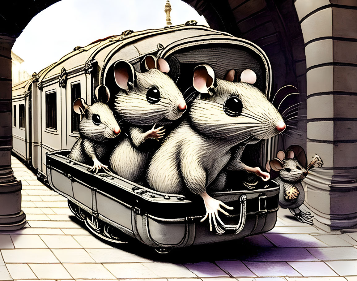 Three cartoon mice in open suitcase on train platform with train car in background.