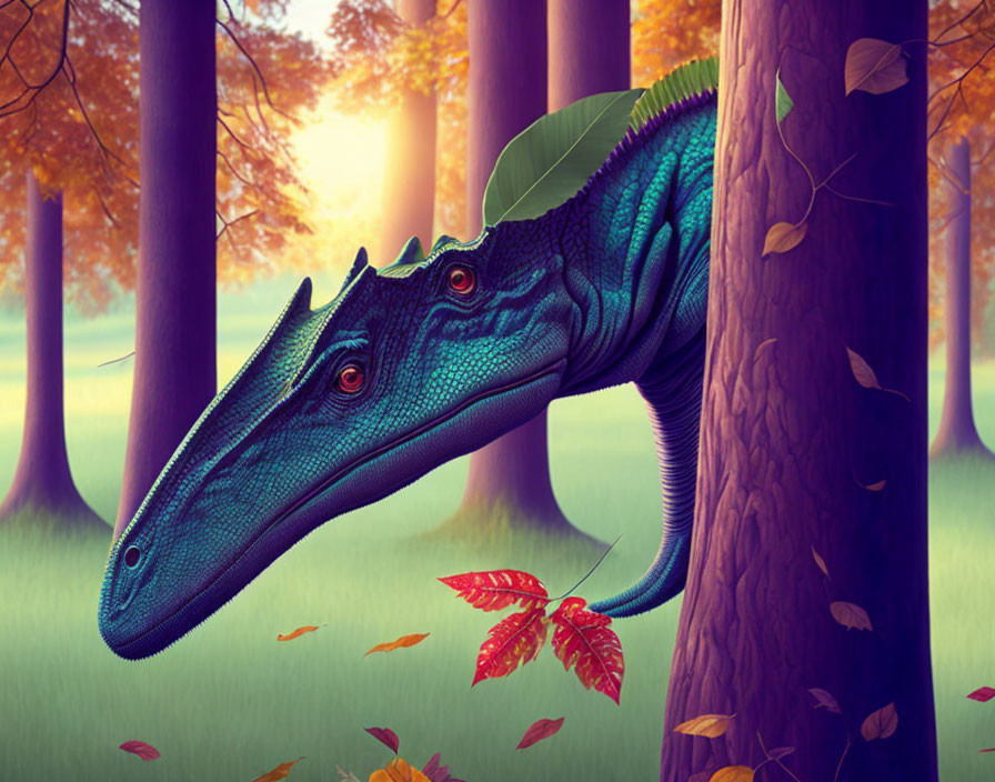 Blue dinosaur with long neck in autumn forest - Digital art.