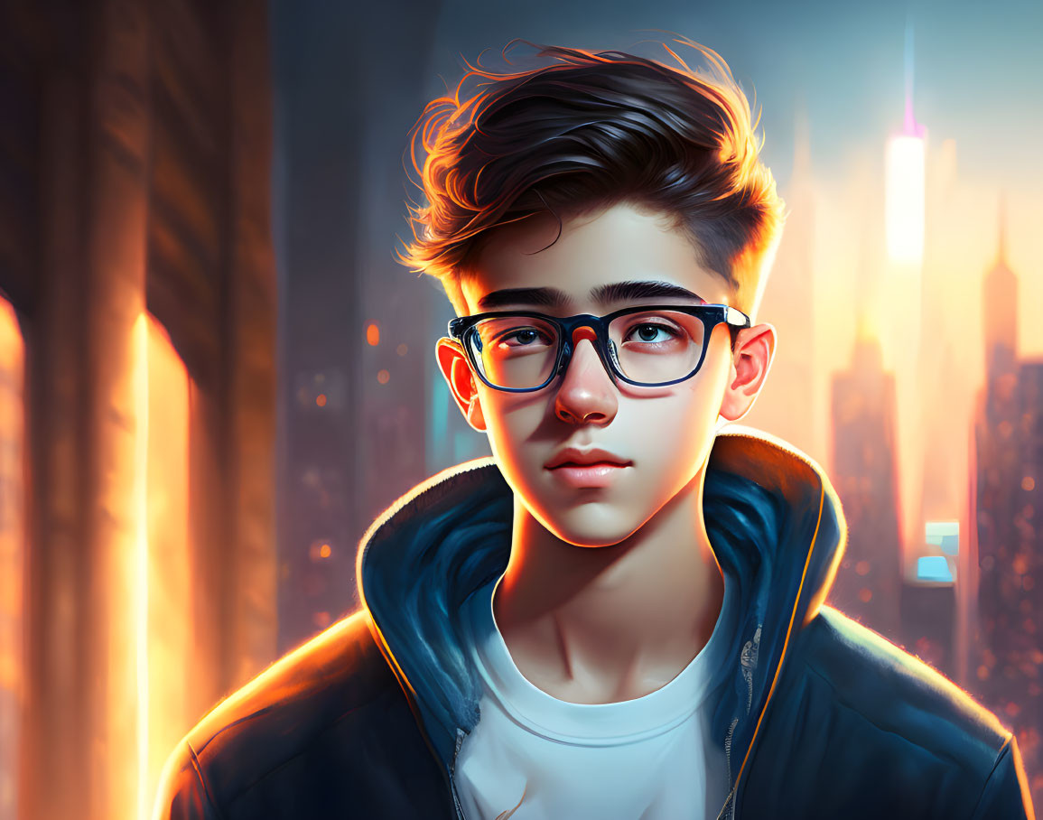 Young man with glasses and headphones in neon-lit cityscape at dusk