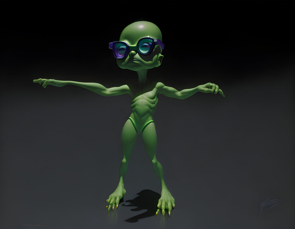 Green alien with large eyes wearing purple glasses in dark environment