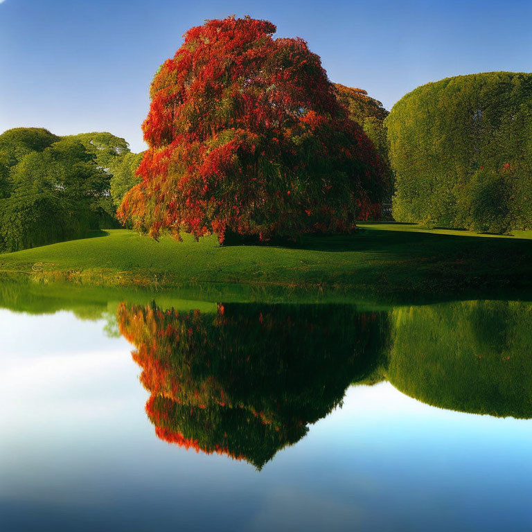 Red-leaved Tree Reflecting in Calm Lake with Green Hedges and Blue Sky