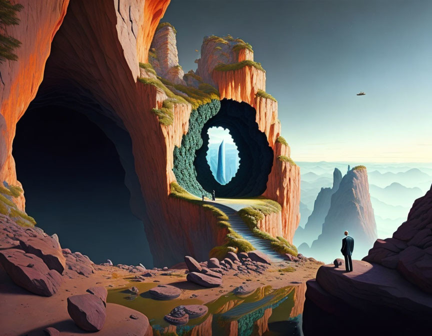 Surreal landscape with layered arches, reflective water, and luminous portal