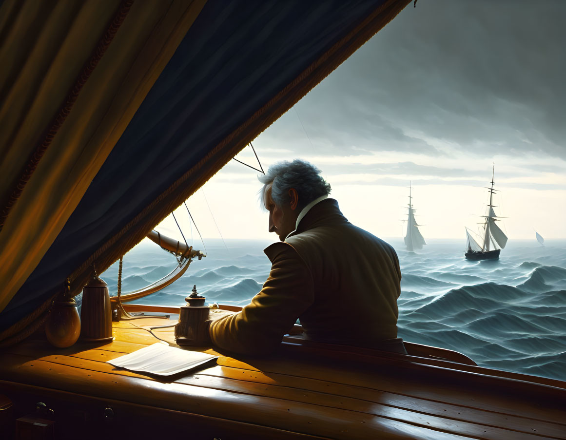 Naval officer in uniform reading document on ship cabin with stormy seas view.